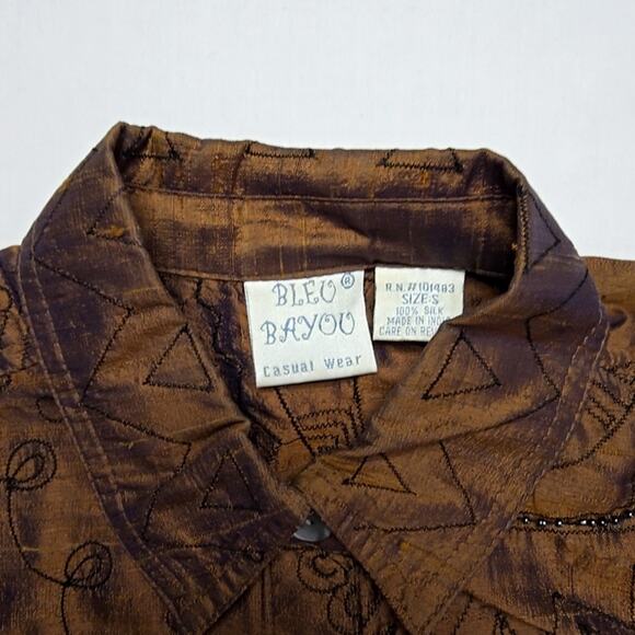 Vintage Bleu Bayou Silk Shirt Embroidered Small Brown Beaded Blouse 90s - Picture 7 of 14